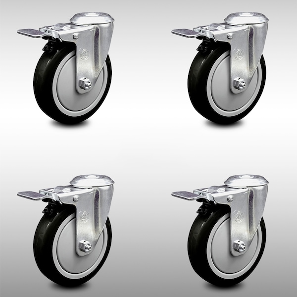 5 Inch SS Black Polyurethane Swivel Bolt Hole Caster Set with Total Lock Brake